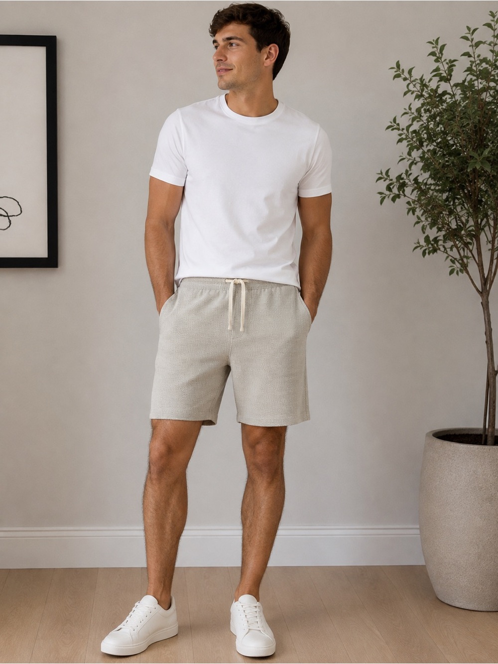 Goodfellow & Co. Size Large Textured Drawstring Lounge Shorts Beige Casual